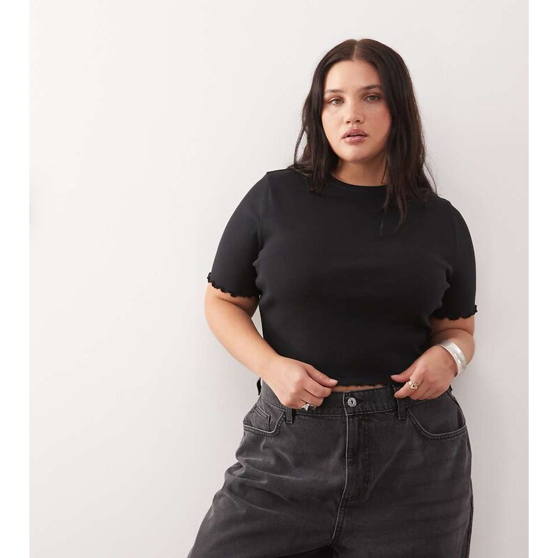 COLLUSION Plus lettuce edge ribbed t-shirt in black