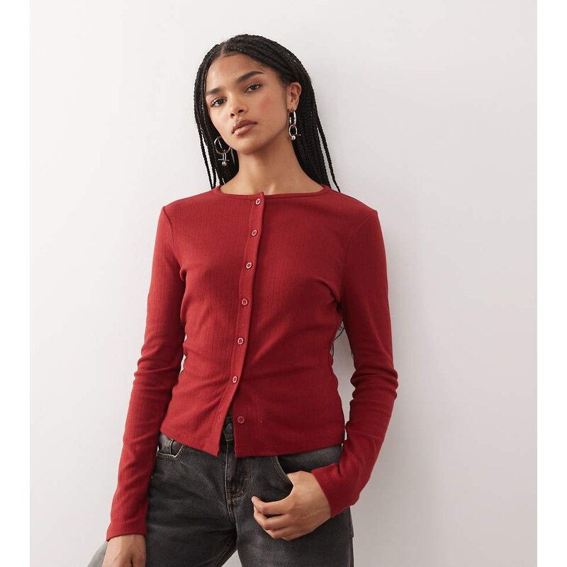 COLLUSION long sleeve pointelle cardigan in burnt cherry-Red 109653103