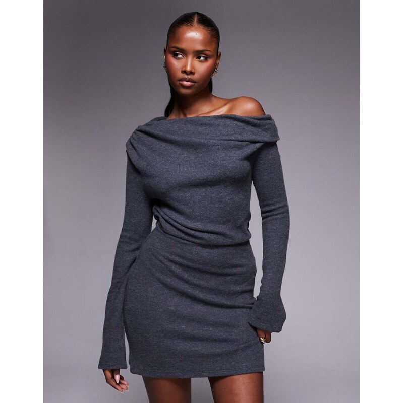 ASOS DESIGN fluffy fallen shoulder mini dress in charcoal-Grey
