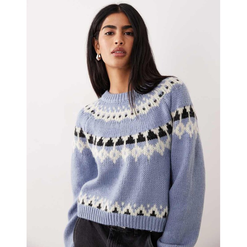 AWARE chunky wool mix fairisle knitted jumper in soft blue 109653142