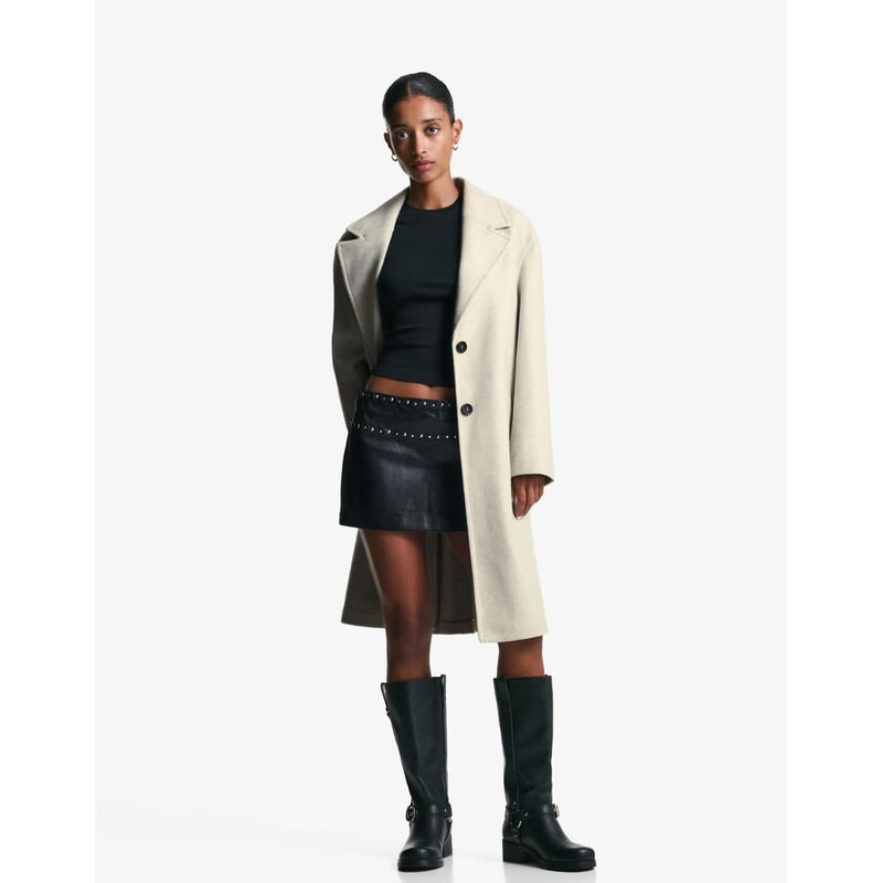 Bershka Long soft coat in sand-Neutral