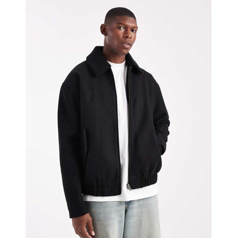 ASOS DESIGN wool look bomber with borg collar in black