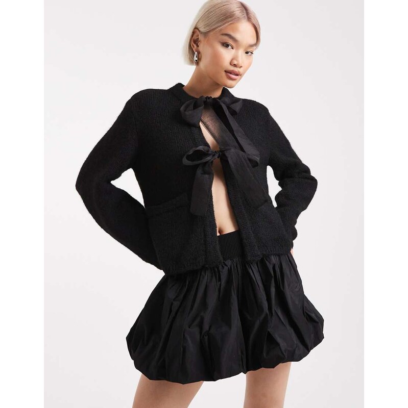 Object oversized satin bow knitted cardigan in black