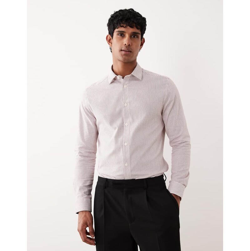 ASOS DESIGN slim fit smart stripe shirt in burgundy-Red