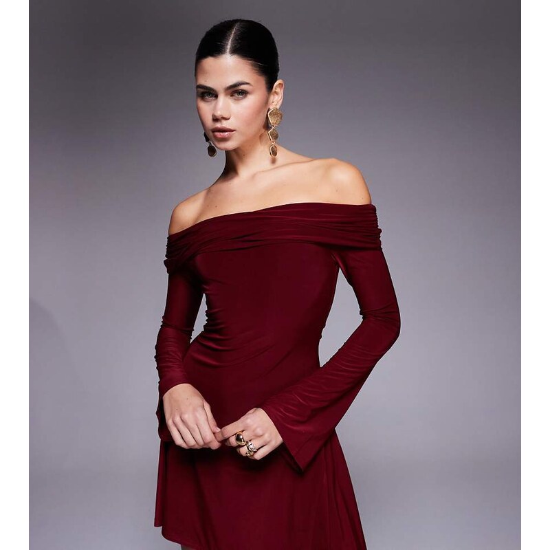Kaiia exclusive double layered slinky bardot skater mini dress in 109653426
