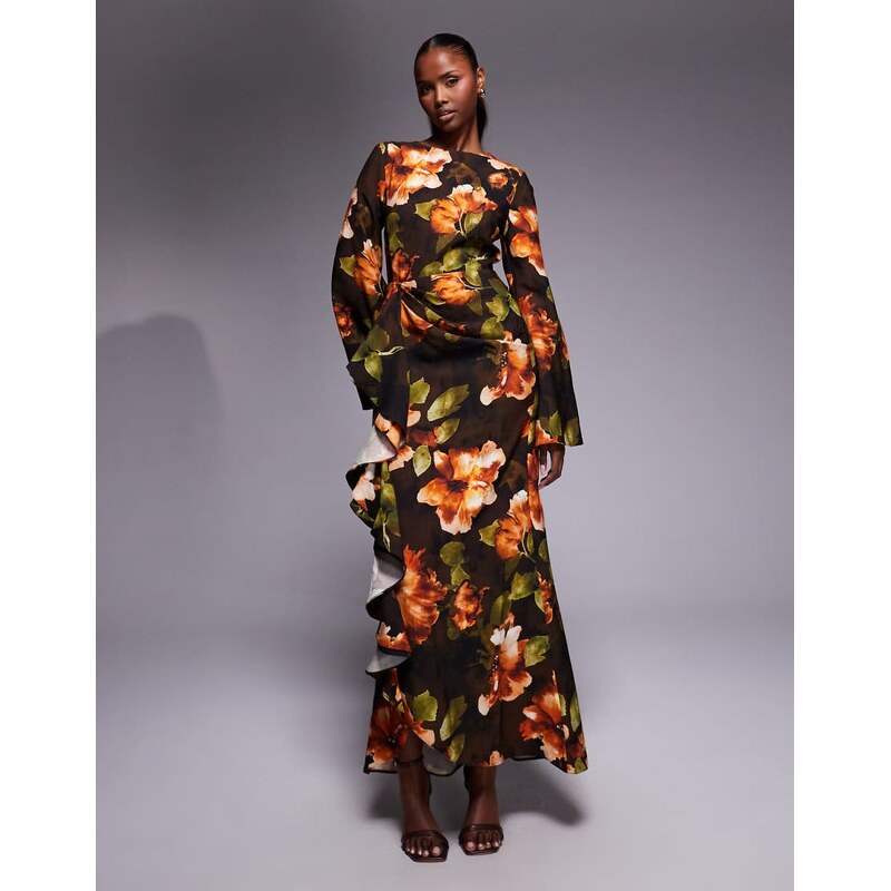 ASOS DESIGN long sleeve maxi dress with ruffle skirt in dark