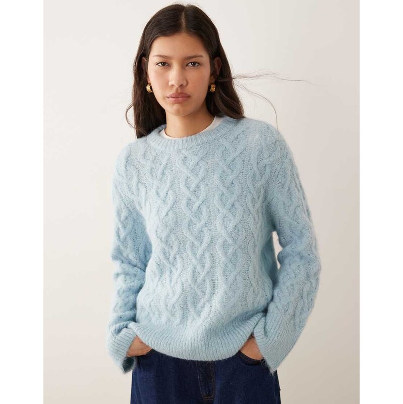 Vila fluffy cable knitted jumper in light blue 109654553