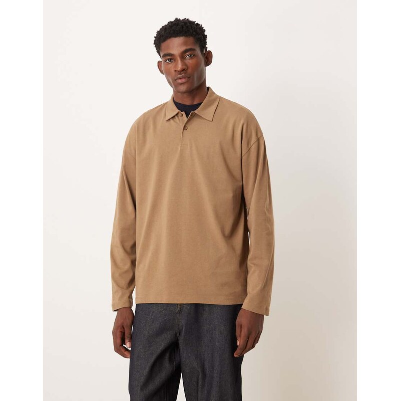 ASOS DESIGN heavyweight oversized long sleeve polo in brown