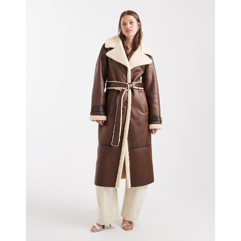 Miss Selfridge suedette borg belted wrap coat in chocolate-Brown