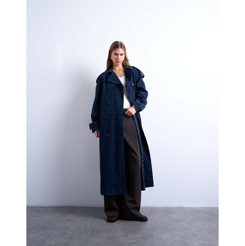 Topshop longline oversized faux suede trench coat in navy
