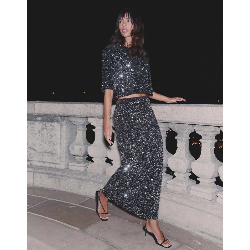 4th & Reckless sequin velvet bow open back cropped top co-ord in black 115514366