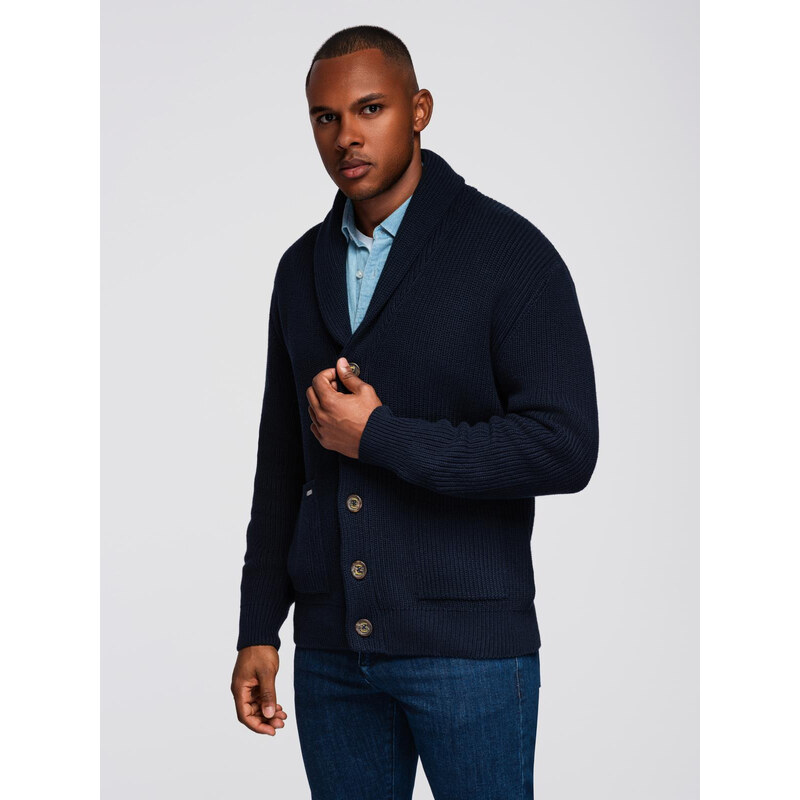 Ombre Mens cotton cardigan sweater with shawl collar - navy blue