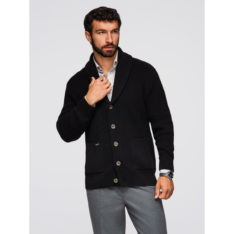 Ombre Mens cotton cardigan sweater with shawl collar - black