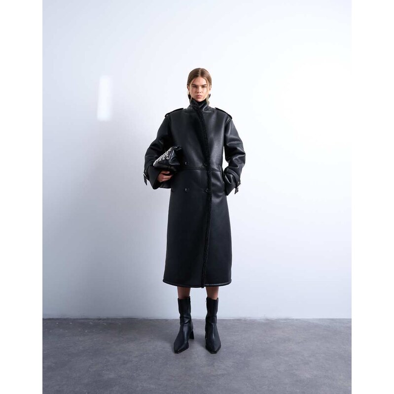 Topshop longline funnel oversized aviator borg coat in black