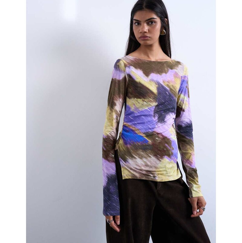 Topshop abstract print long sleeve top in purple 109665996