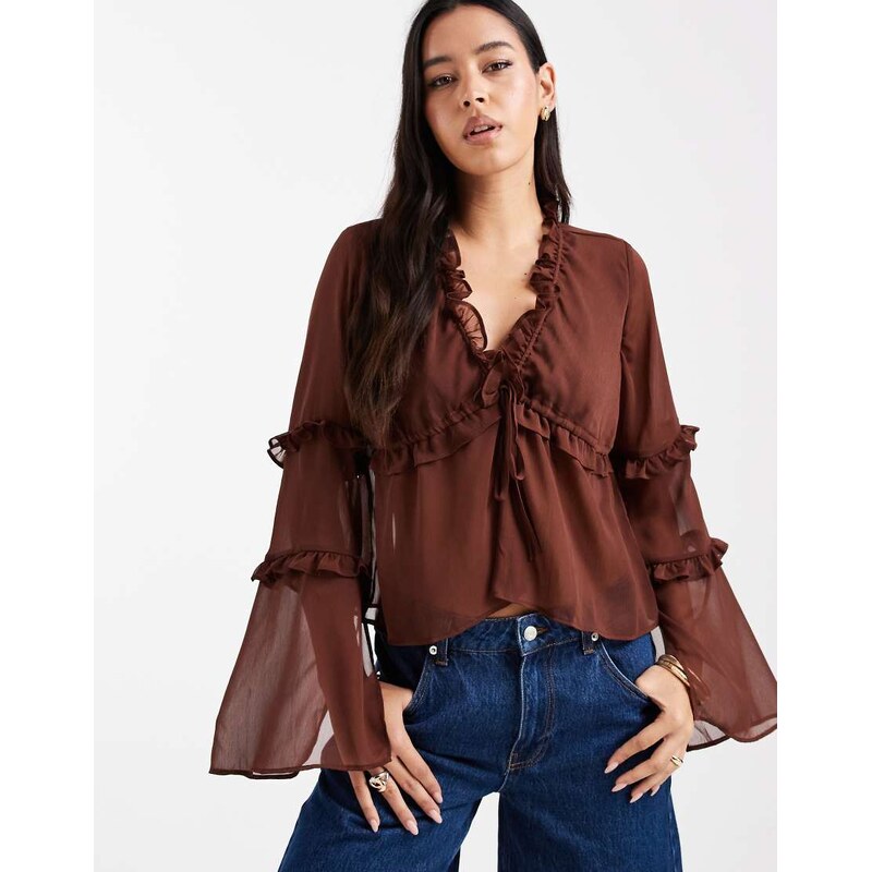 ASOS DESIGN chiffon ruffle detail blouse in brown 115602800