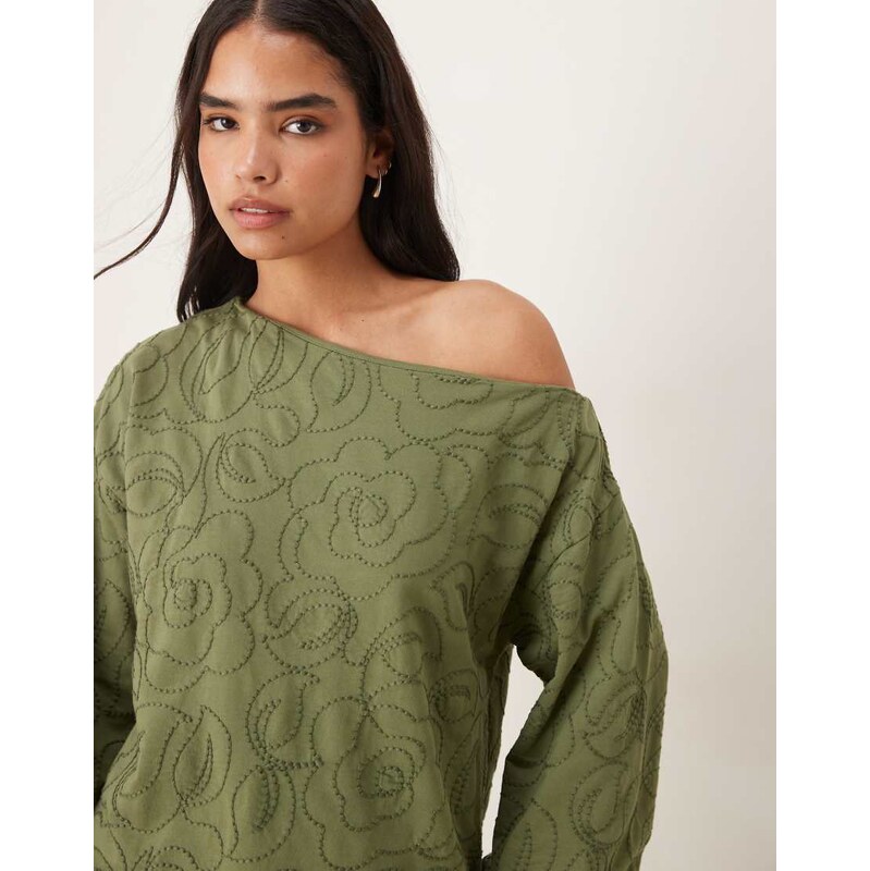 ASOS DESIGN off shoulder sweatshirt with embroidery detail in washed khaki-Red