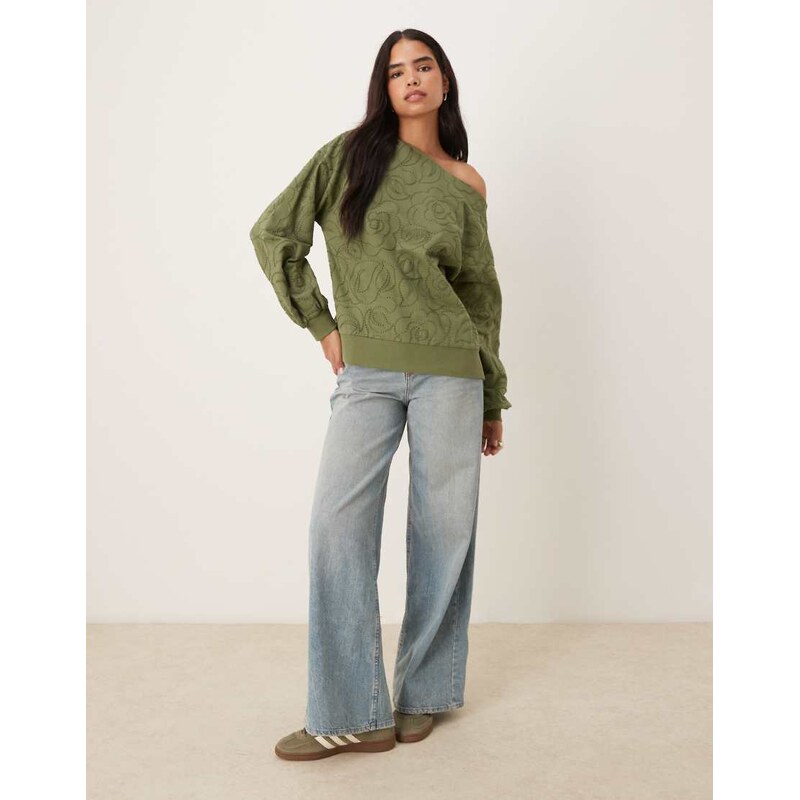 ASOS DESIGN off shoulder sweatshirt with embroidery detail in washed khaki-Red
