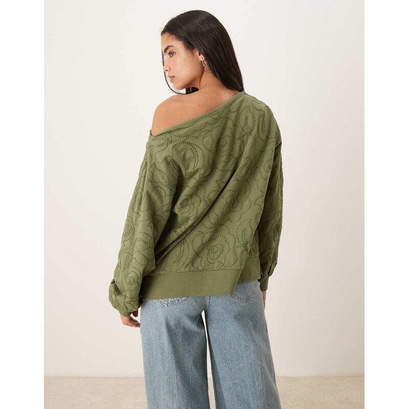 ASOS DESIGN off shoulder sweatshirt with embroidery detail in washed khaki-Red