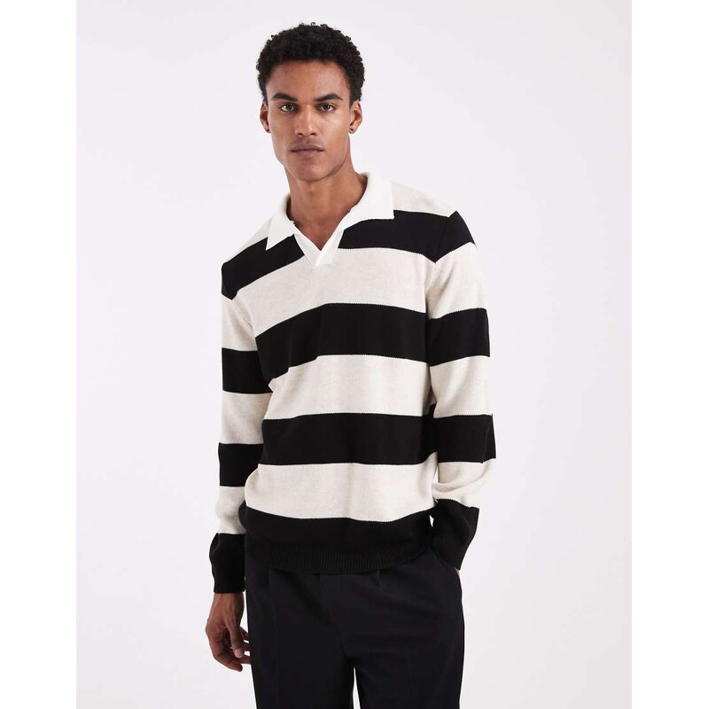ASOS DESIGN knitted long sleeve rugby polo in black and ecru
