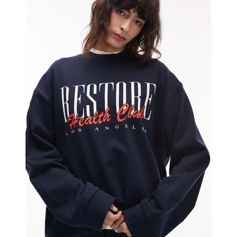 ASOS DESIGN oversized sweat with restore health graphic in navy