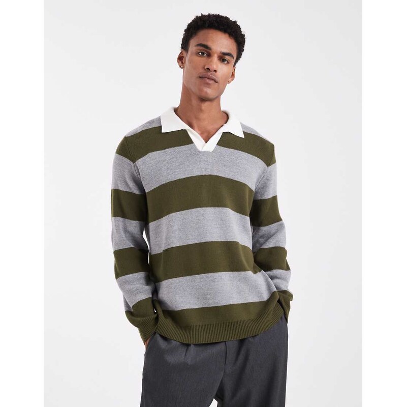 ASOS DESIGN knitted long sleeve rugby polo in grey and khaki