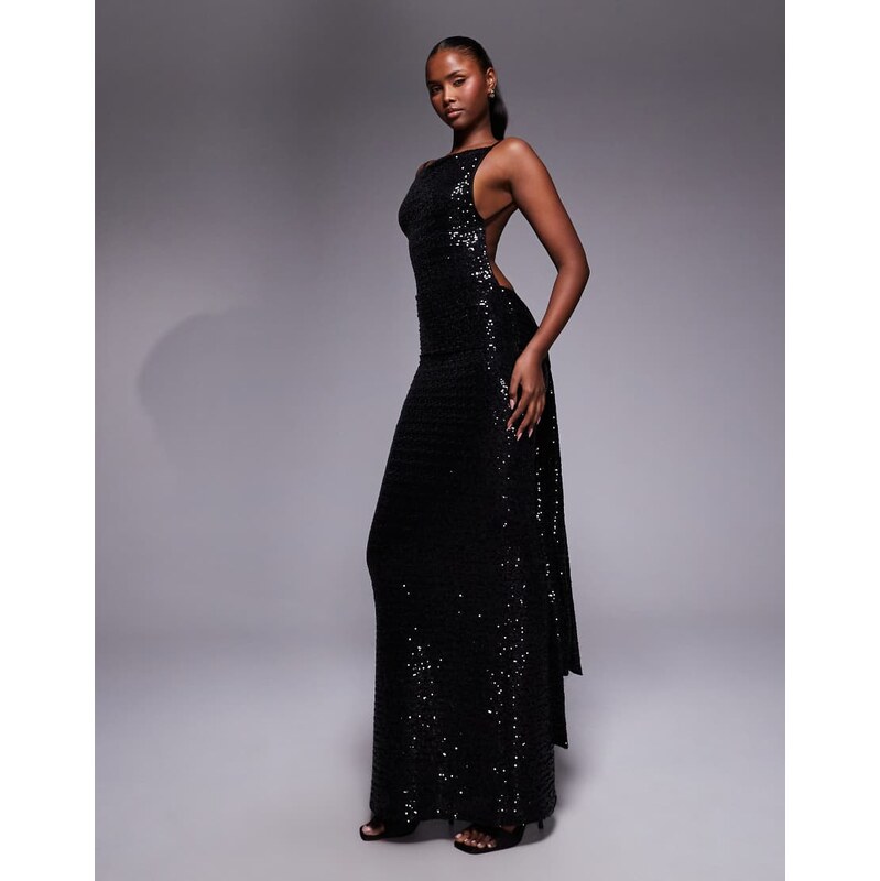 ASOS DESIGN sequin sleeveless with open back with sash detail