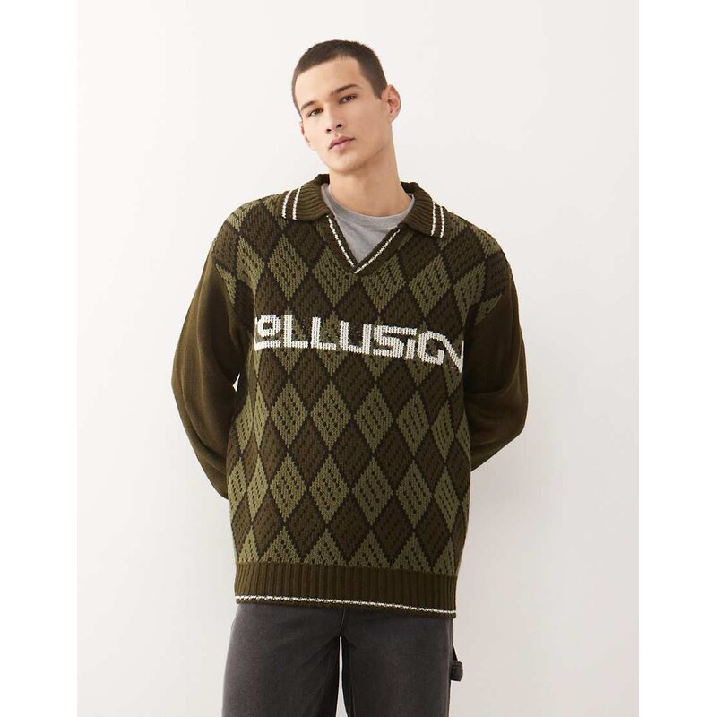 COLLUSION knitted argyle boxy sweater jumper in green