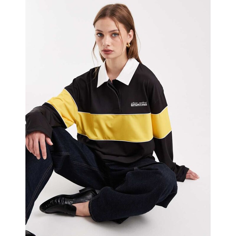 COLLUSION relaxed polo top in yellow-Black