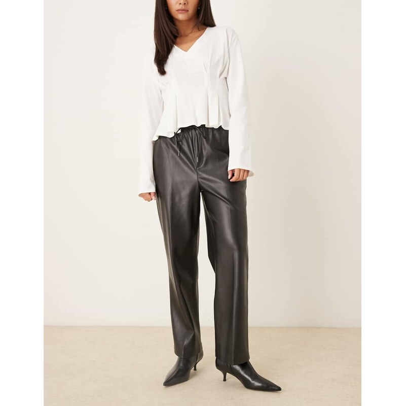Mango faux leather tie waist trouser in black