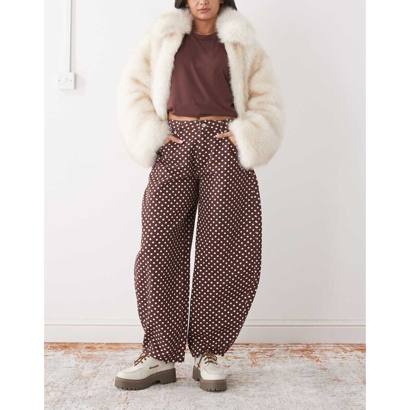 Reclaimed Vintage barrel leg jean in brown polka dot print 109676934