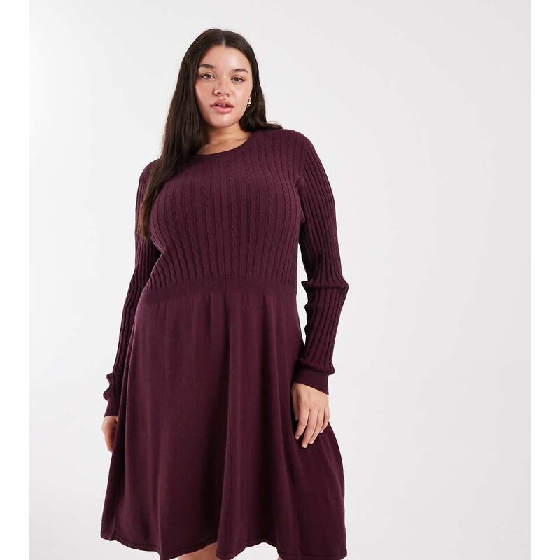 ONLY Curve cable knitted dress in burgundy-Grey