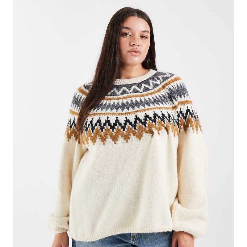 ONLY Curve balloon sleeve fair isle jumper in beige-Neutral 109670584