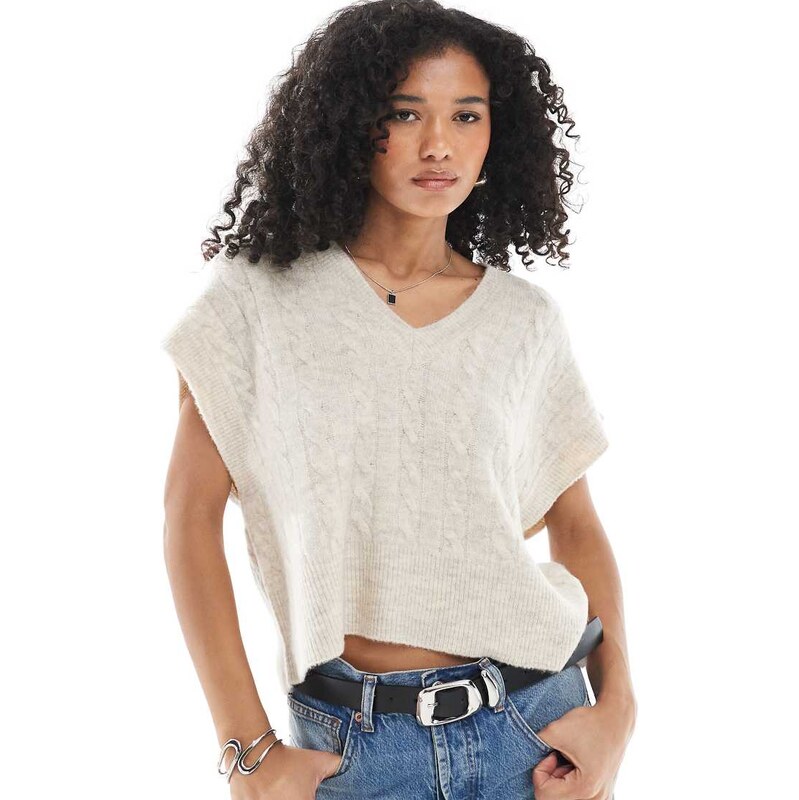 ONLY boxy cable knit vest in oatmeal-Neutral