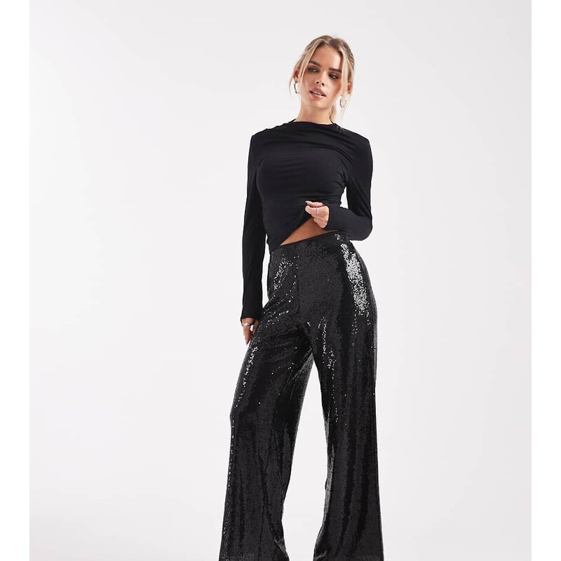 ONLY Petite high waist pull on sequins trousers in black
