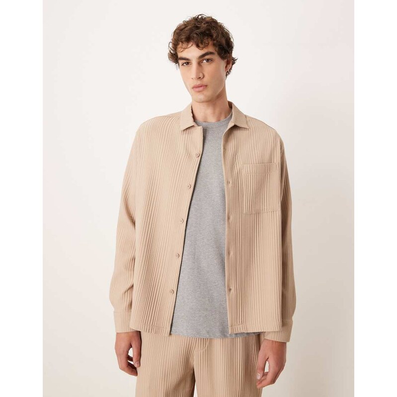 ASOS DESIGN co-ord relaxed revere plisse shirt in beige-Neutral