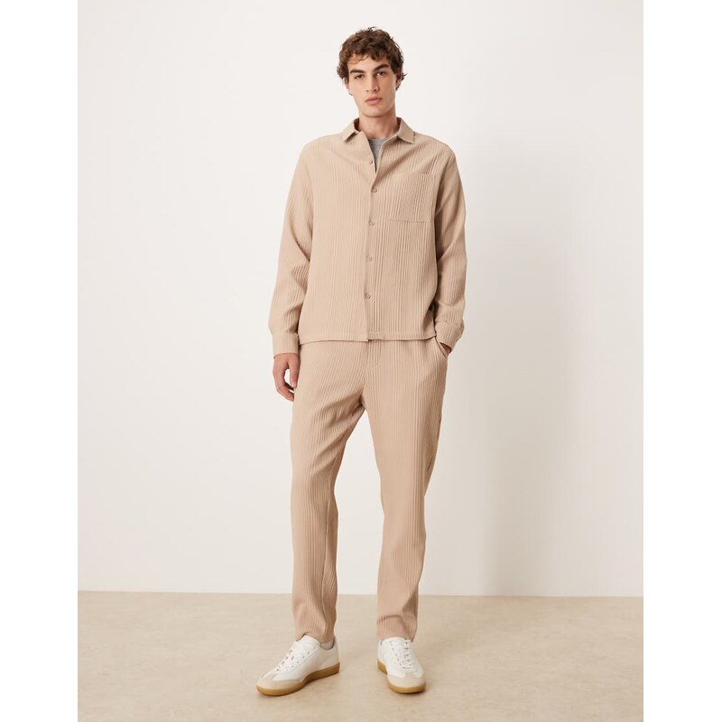 ASOS DESIGN co-ord relaxed revere plisse shirt in beige-Neutral
