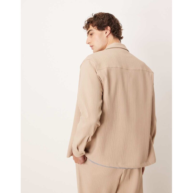 ASOS DESIGN co-ord relaxed revere plisse shirt in beige-Neutral