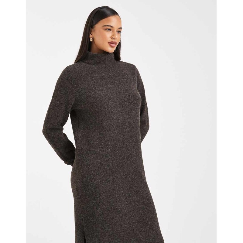 Vero Moda soft knitted roll neck midi dress in chocolate melange-Brown