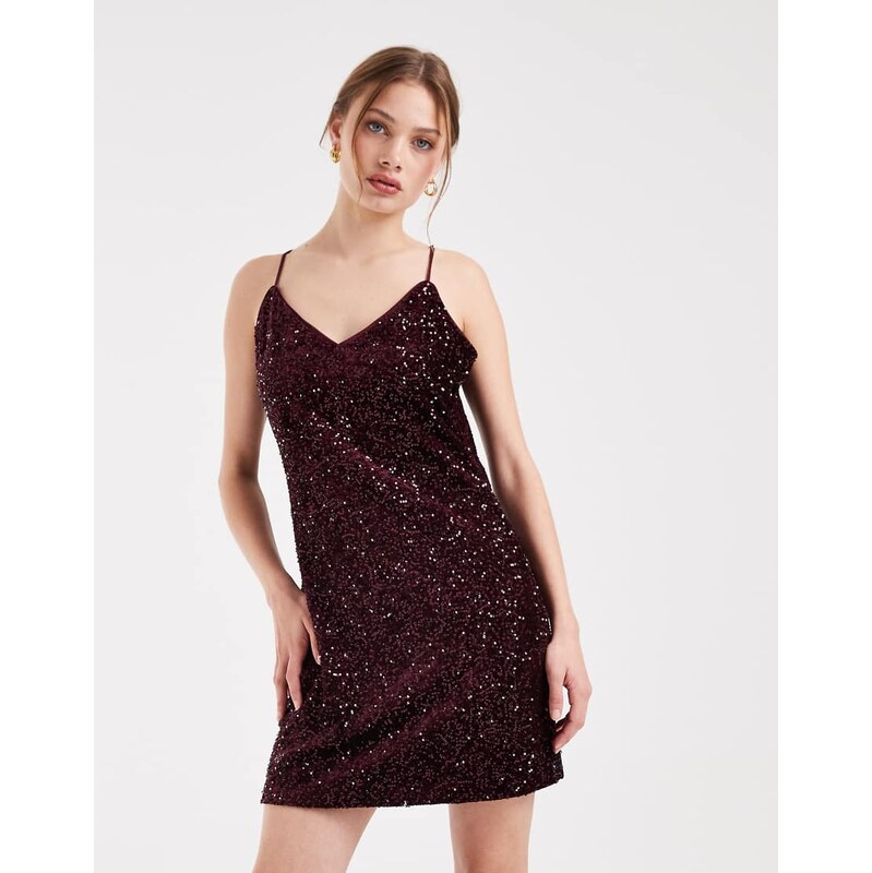 Vero Moda cami strap sequin mini dress in burgundy-Red