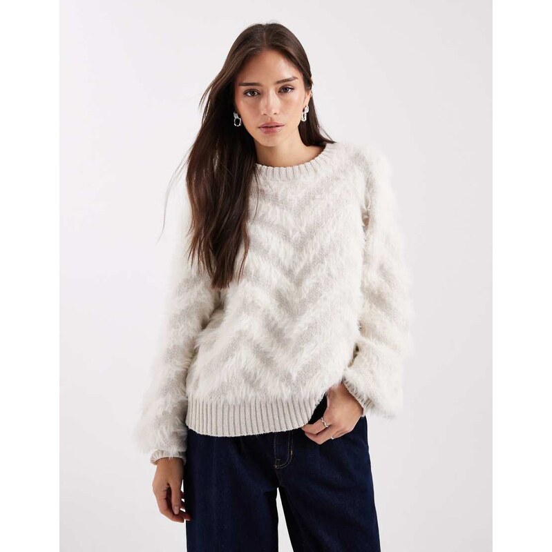 Object tonal fluffy chevron knitted jumper in cream-White