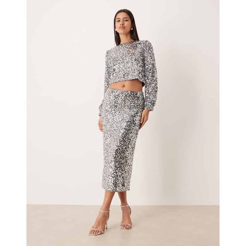 Vila sequin midi skirt co-ord in silver