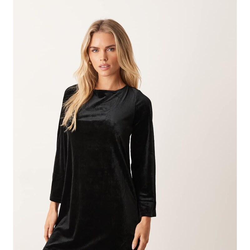 JDY Petite back bow detail velvet mini dress in black 109670682