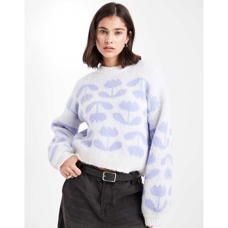 Pieces tulip print knitted jumper in lavender and white-Purple