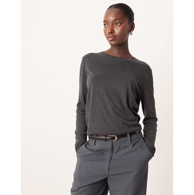 Mango round neck fine knitted top in charcoal-Grey 109670874