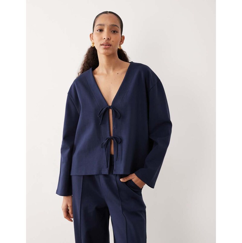 ASOS DESIGN co-ord interlock oversized top with bow tie detail in navy 109670930