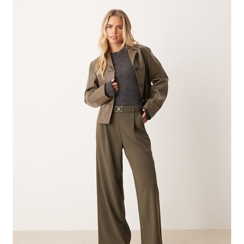 JDY Petite belt detail wide leg trousers in khaki-Green