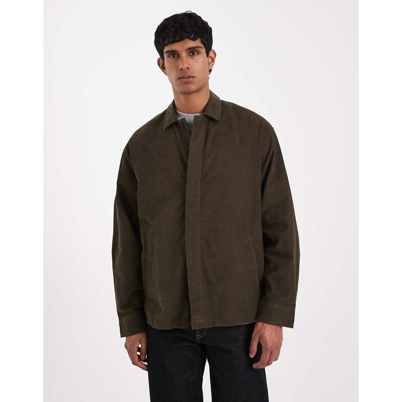 ASOS DESIGN cord overshirt with concealed buttons in dark khaki-Green