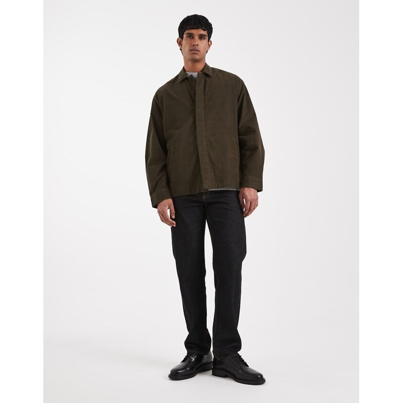 ASOS DESIGN cord overshirt with concealed buttons in dark khaki-Green