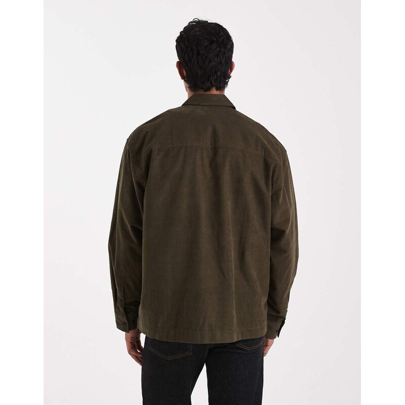 ASOS DESIGN cord overshirt with concealed buttons in dark khaki-Green